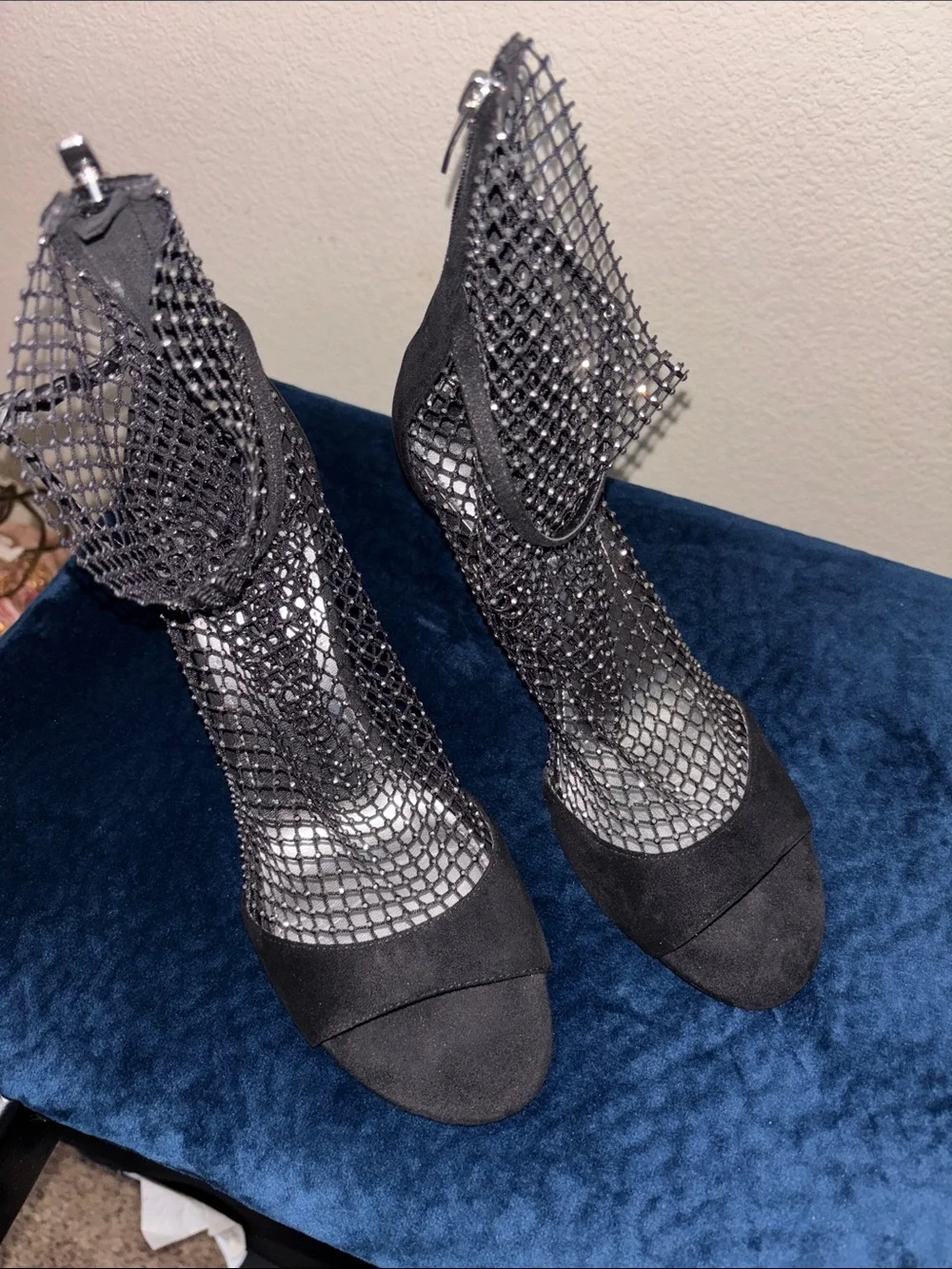 Nine West Black Mesh Rhinestone Ankle Strap Heels